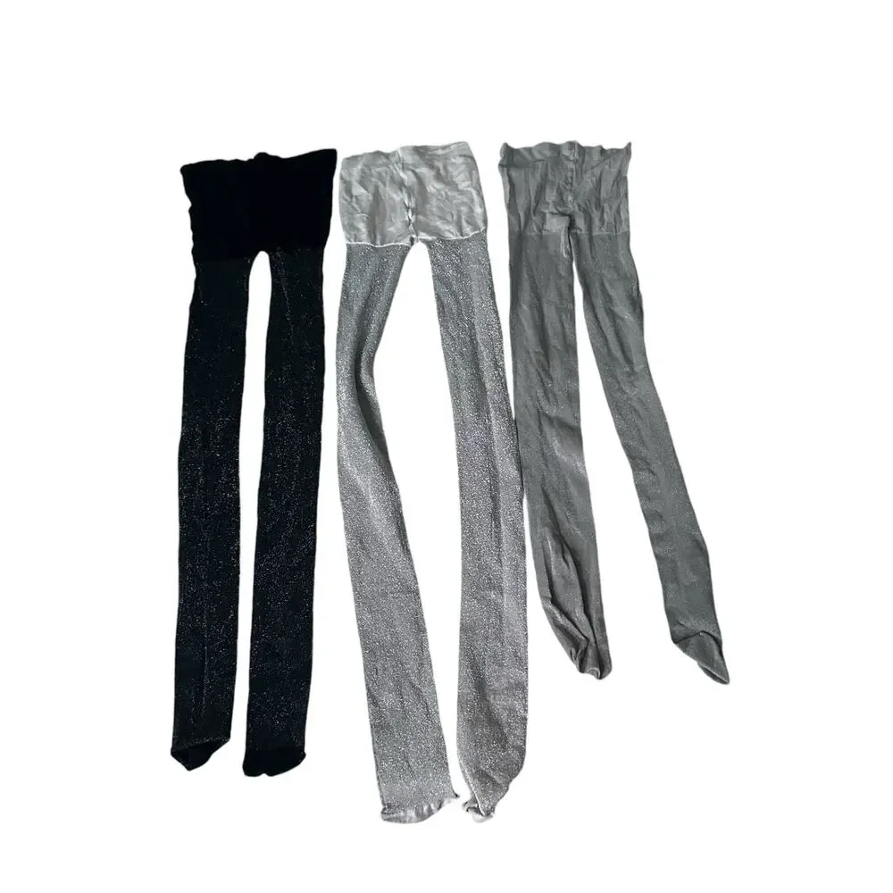 Girls Sparkle Tights Bundle - Black & Silver, Size 6-8
